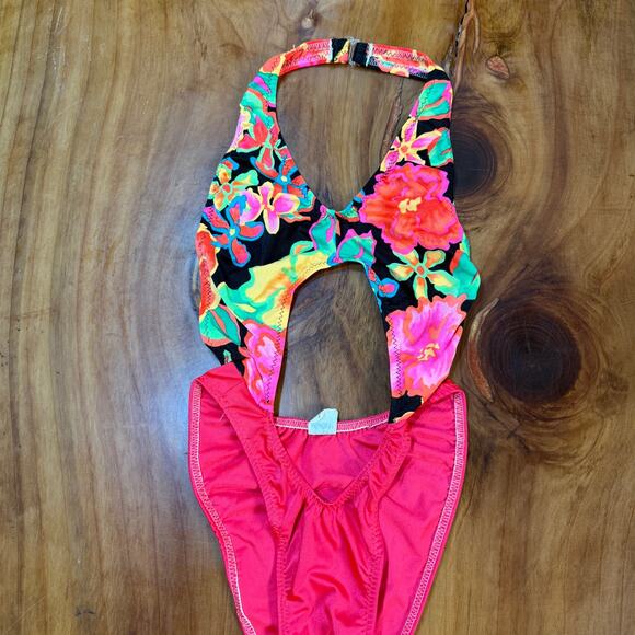 Vintage 80s 90s 1 Piece Swimsuit Floral Beach High rise Halter Tropical Medium - Picture 2 of 5